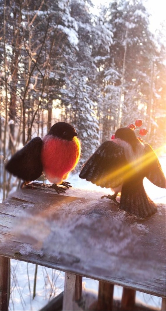 New Year's birds - My, Needlework without process, With your own hands, Needlework, Dry felting, New Year, Bullfinches, Author's toy, Wool toy, Longpost