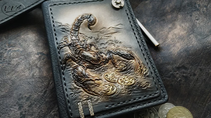 Wallet / handmade cover made of genuine leather / Scorpion / - My, Longpost, Handmade, Needlework without process, Accessories, Wallet, Purse, Wallet, Cover, Presents, , Leather products, Natural leather, Embossing on leather, Exclusive, beauty, Style, Scorpion, Video