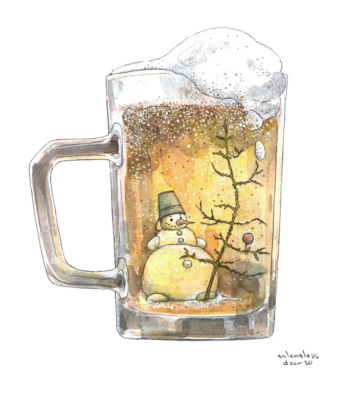 Beer ball - My, Sketch, Art, Drawing, Watercolor, Graphics, New Year, Кружки, Beer, Illustrations