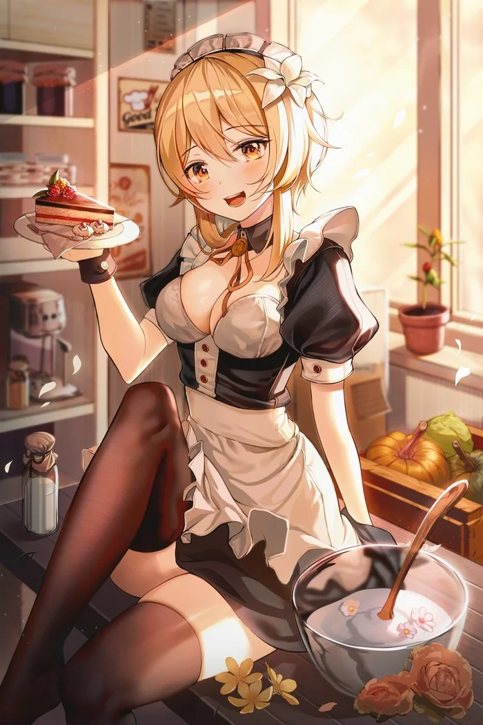 Anime Art - Anime, Anime art, Genshin impact, Lumine (Genshin Impact), Games, Housemaid