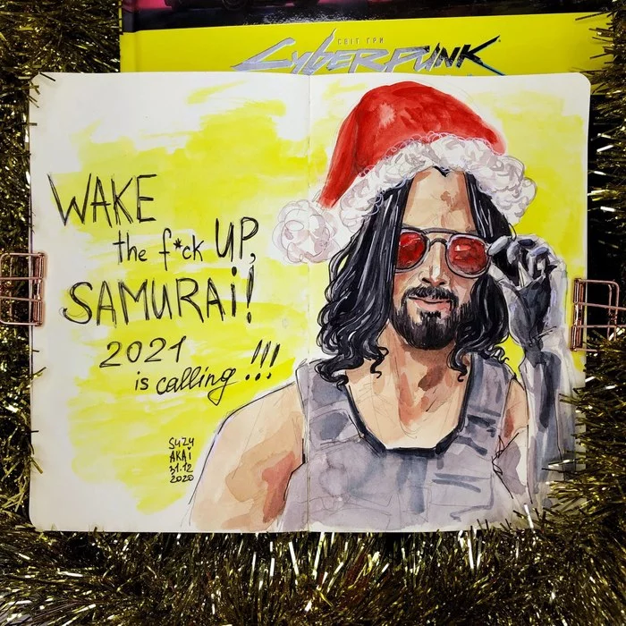 С Новым Годом самураи!) - Моё, Cyberpunk 2077, Джонни Сильверхенд, Новый Год, Открытка