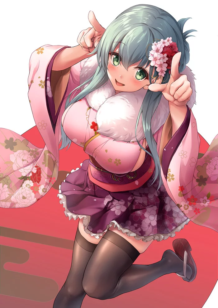 Akemashite Omedetou Gozaimasu - Kantai collection, Suzuya, Anime, Anime art, Kimono, Boobs, Stockings