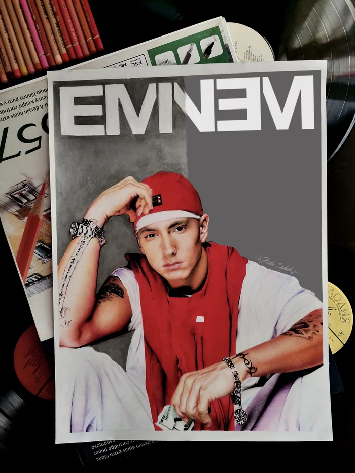 Drawing with colored pencils. Eminem. Eminem - My, Eminem, Drawing, Realism, Hyperrealism, Pencil drawing, Art, Artist, Longpost