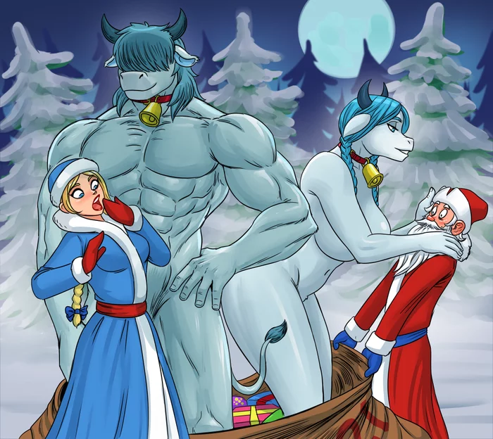 Happy New Year of the Ox! - NSFW, Art, Winter, New Year, Father Frost, Snow Maiden, Year of the bull, Flick-the-thief, Furry