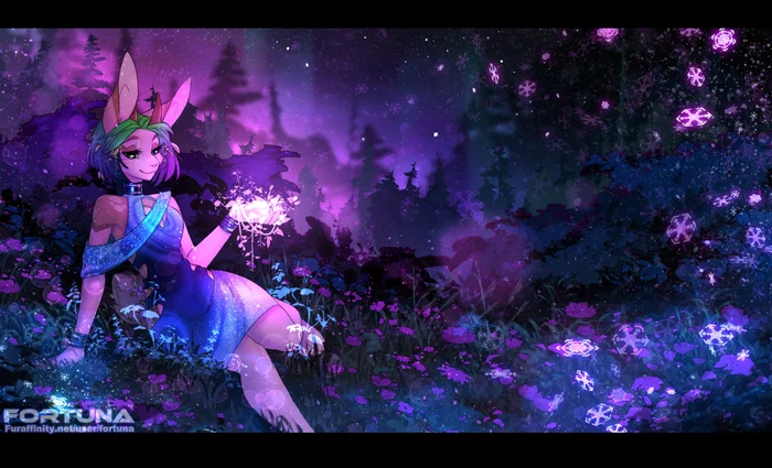 Winter flowers - Fortuna, Furry, Art, Night, Flowers, Magic, Snow, Furry rabbit, Furry mouse, Hybrid