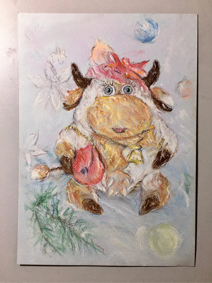 Happy coming guys - My, Pastel, Paper, New Year, Cow, Holidays, Crayons, Longpost, Drawing
