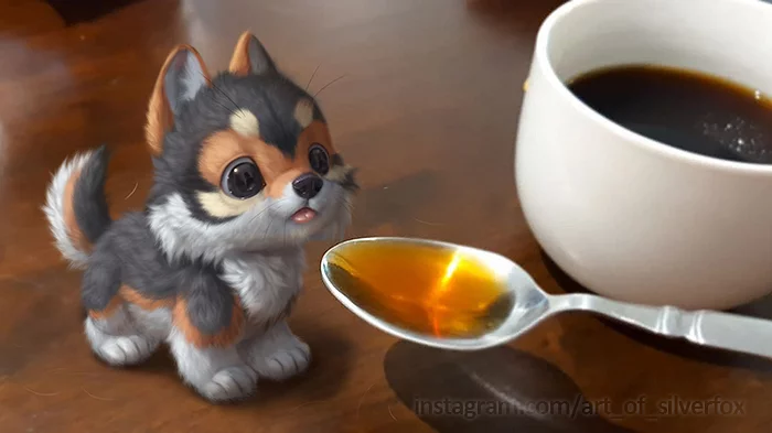 Spoon of coffee - Art, Drawing, Wolf, Coffee, A spoon, Silverfox5213