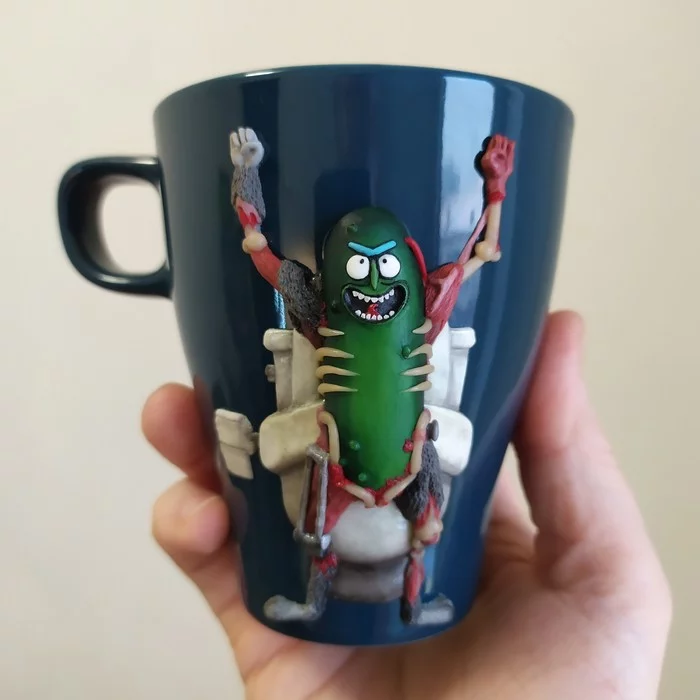 Pickle Rick. Decor on the mug - My, Rick and Morty, Rick gherkin, Polymer clay, Decor, Лепка, Кружки, Needlework with process, Handmade, Longpost