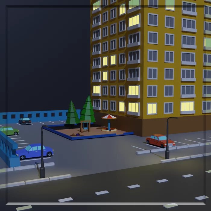 I continue to conquer Blender. 3D night - My, 3D modeling, Night, Blender, High-rise building, Longpost, Krasnodar, Low poly, 3D