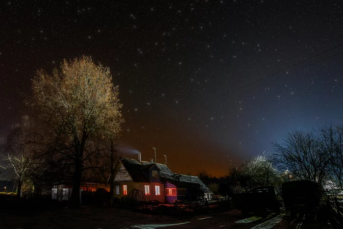 Starlight Night - My, Night, Sky, Stars, Winter, Village, Milky Way, Longpost