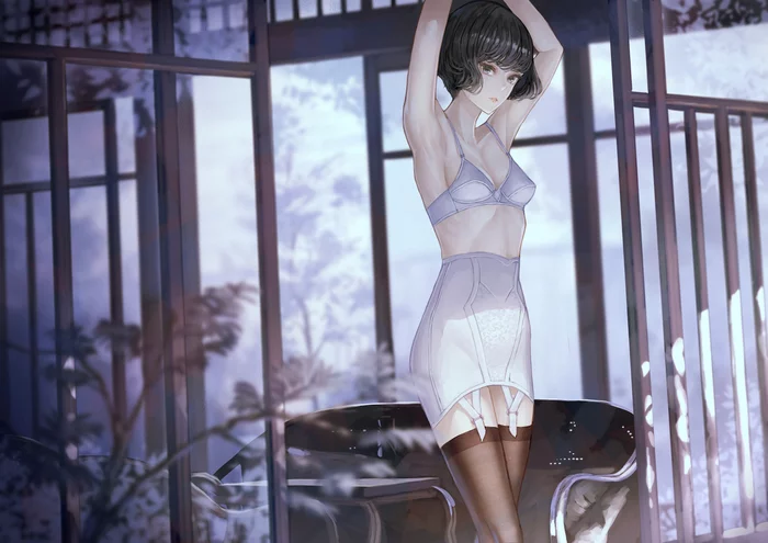 Art Young lady - NSFW, Art, Anime art, Anime original, Girls, Erotic, Hand-drawn erotica, Underwear, Stockings, , Boobs, Booty, Nudity, Back view, Pantsu, Bodysuit, Original character, Shibu11, Longpost