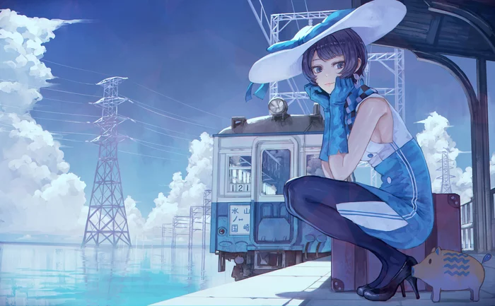 Suntory Nomu - Art, Drawing, Anime art, Anime original, Girls, Virtual youtuber, Hat, A train, Tight clothing, Suntory, Original character, Kaoming (Shibu11), Longpost