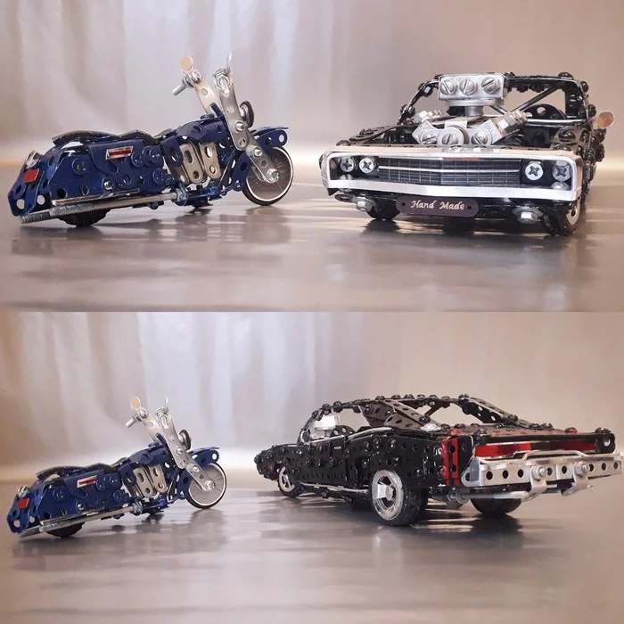 Harley-Davidson Road King, Dodge Charger from a metal construction set - My, Harley-davidson, Dodge, Dodge charger, Moto, Retro car, Modeling, Constructor