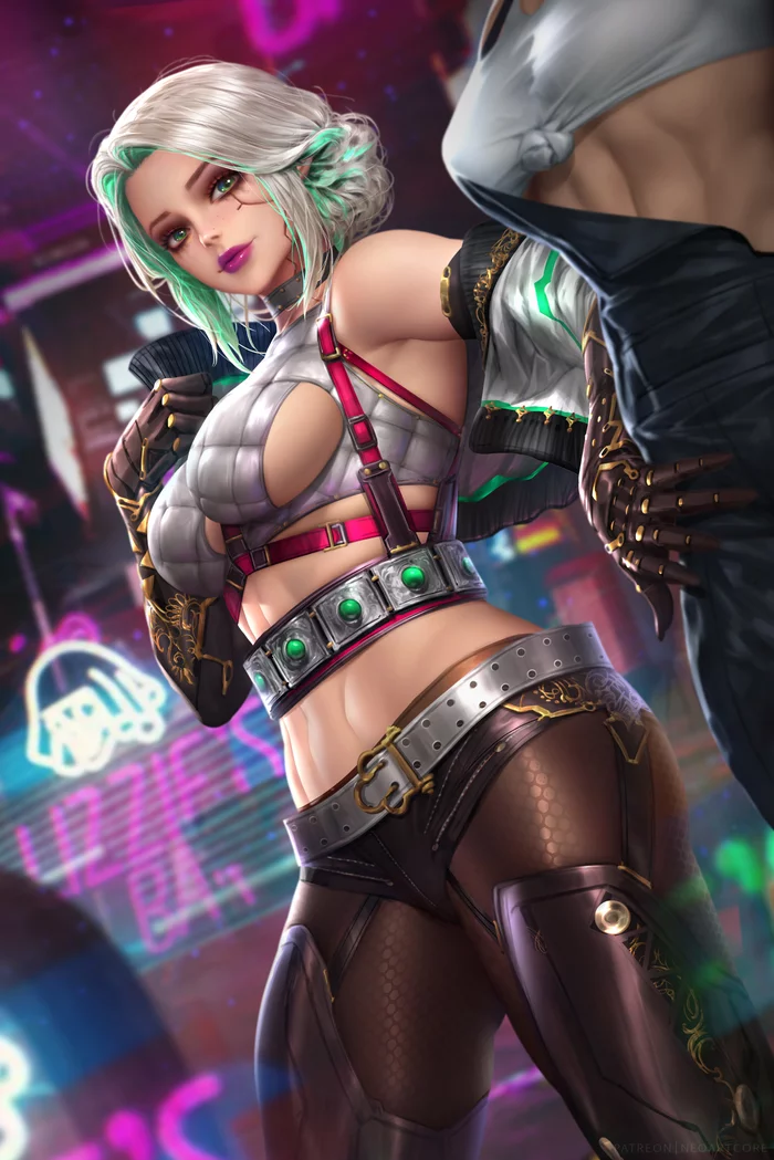 Cyber-Ciri - NSFW, Art, Drawing, Witcher, The Witcher 3: Wild Hunt, Cyberpunk 2077, Ciri, Crossover, Underwear, Stockings, Boobs, Naked, Pubes, Neoartcore, Longpost