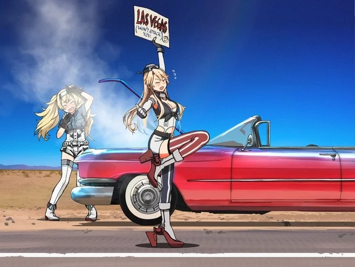 Hitchhiker's Guide to America - Kantai collection, Anime, Anime art, Gambier bay, Uss Iowa, Cadillac