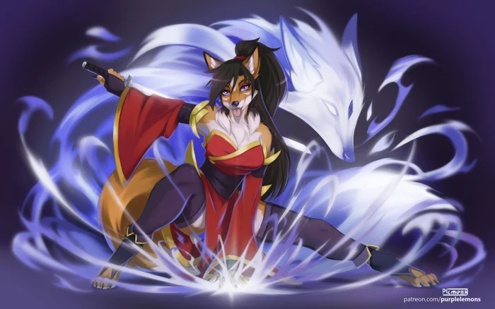 Kumiho Battle Mode - Furry fox, Spirit, Furry, Art, Purplelemons, Kitsune