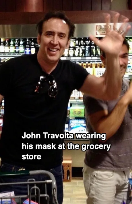 John Travolta in his mask at the grocery store - Nicolas Cage, John Travolta, Faceless Movie, Mask, Picture with text