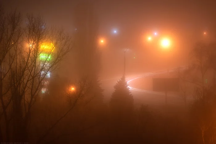 My foggy city - My, The photo, Fog, Atmosphere, Night, Long exposure, Color, Longpost