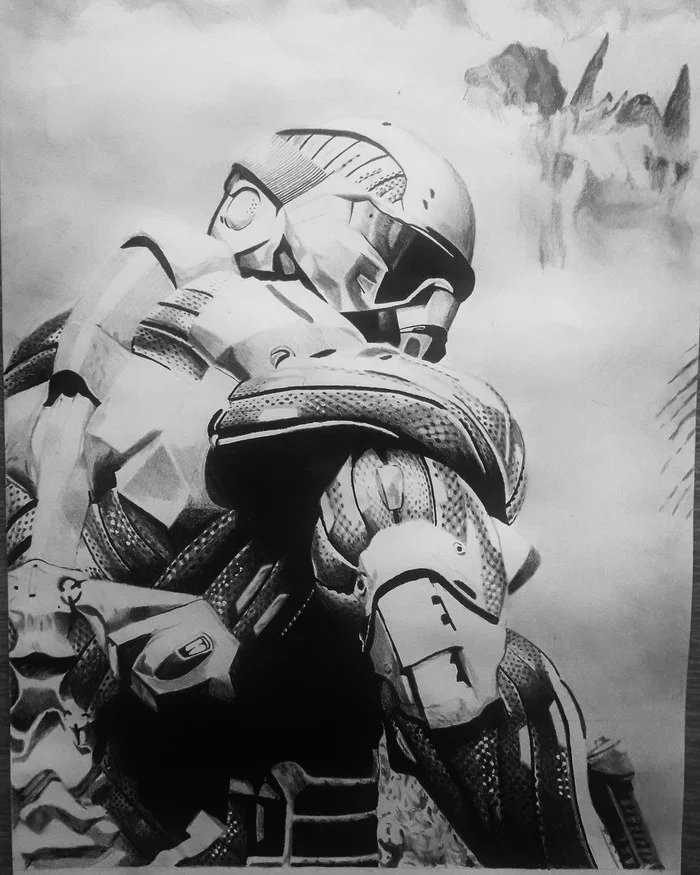 #crysis #nanosuit - My, Crysis, Nanosuit, Pencil drawing, Crysis 2, Painting, Black and white, 2007, Longpost, Art