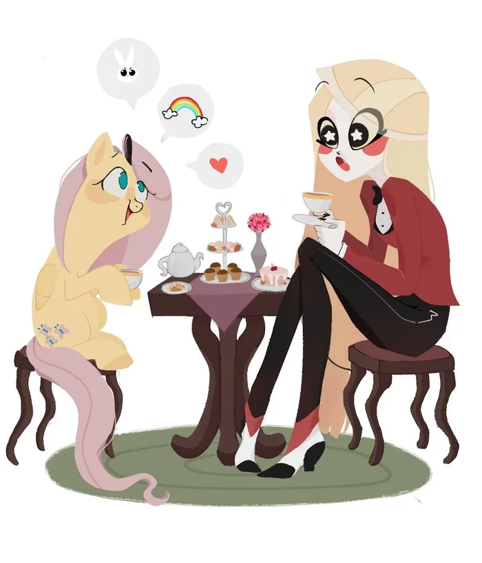 Tea Time - My little pony, Hazbin Hotel, MLP crossover, Fluttershy, Charlie, Tea drinking