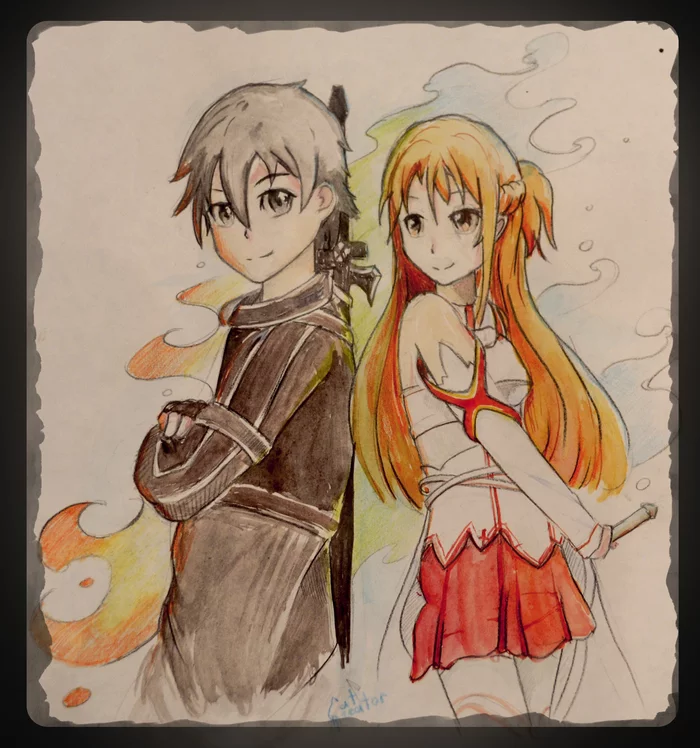 SAO art - My, Sword Art Online, Kirigaya Kazuto, Yuuki asuna, Anime art, Watercolor, Anime