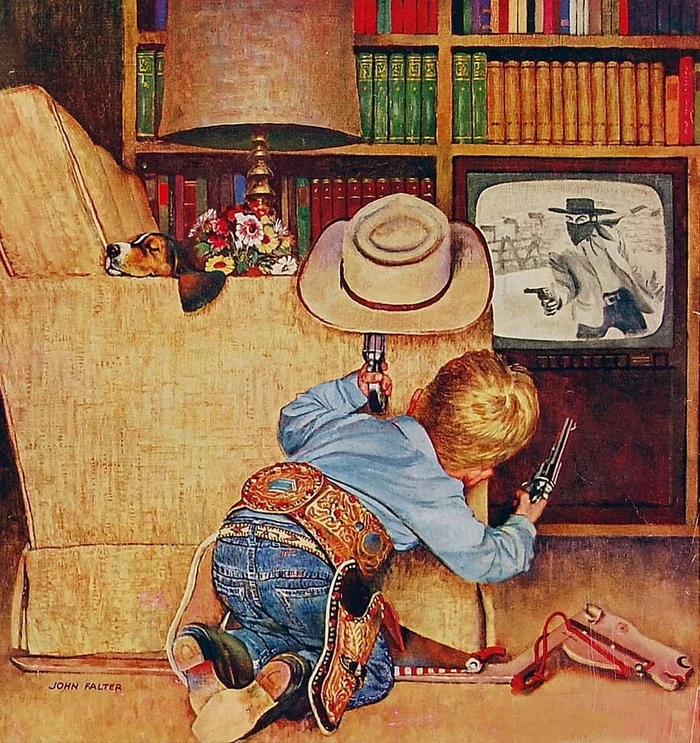 white hat - Art, Drawing, Boy, TV set, Cowboys, Cowboy hat, Imagination, Dog
