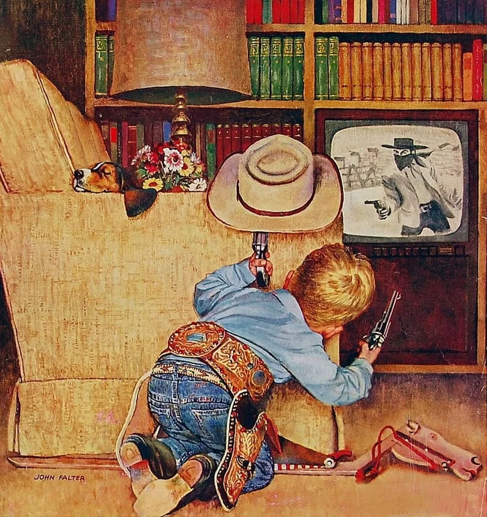 White hat - Art, Drawing, Boy, TV set, Cowboys, Cowboy hat, Imagination, Dog