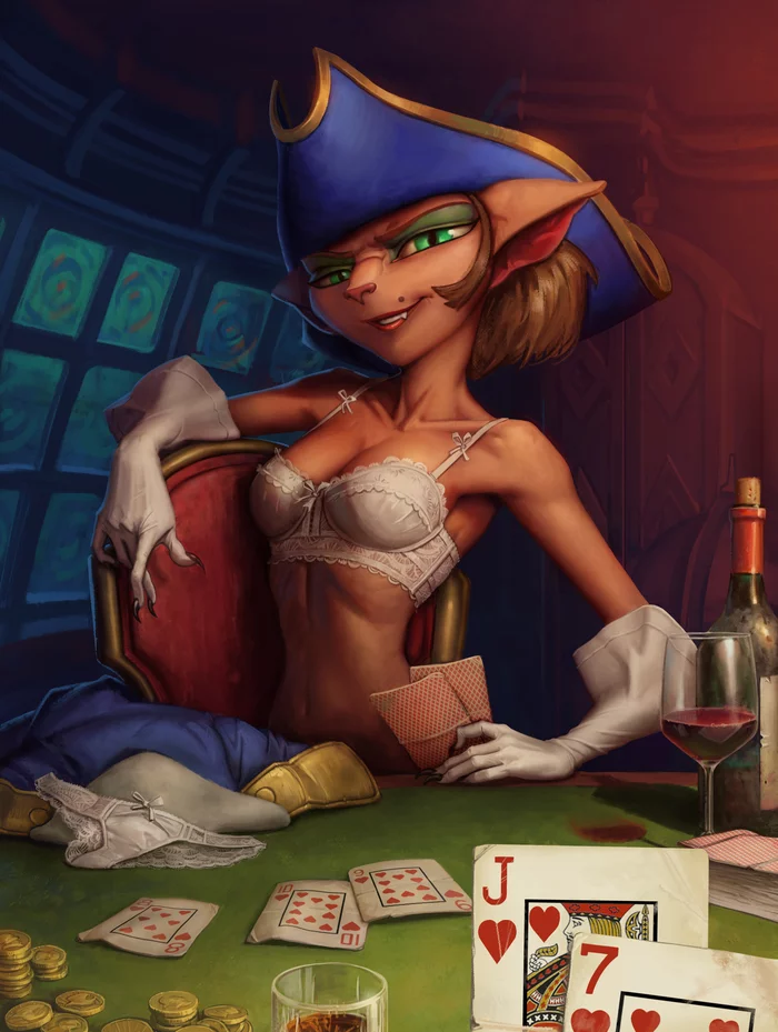 Captain Amelia - NSFW, Art, Drawing, Walt disney company, Treasure planet, Captain Amelia, Erotic, Hand-drawn erotica, Underwear, Boobs, Furry, Anthro, Playing cards, Card game, Game of strip