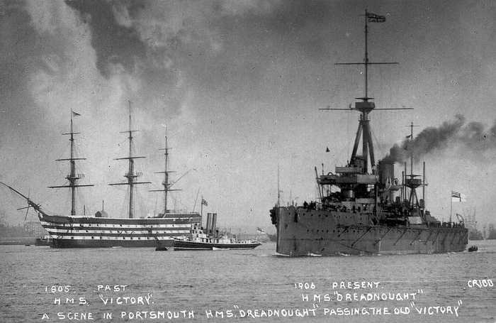 Scene in Portsmouth: HMS Dreadnought passes the old Victory - The photo, 20th century, Ship, England, Battleship, Sailboat