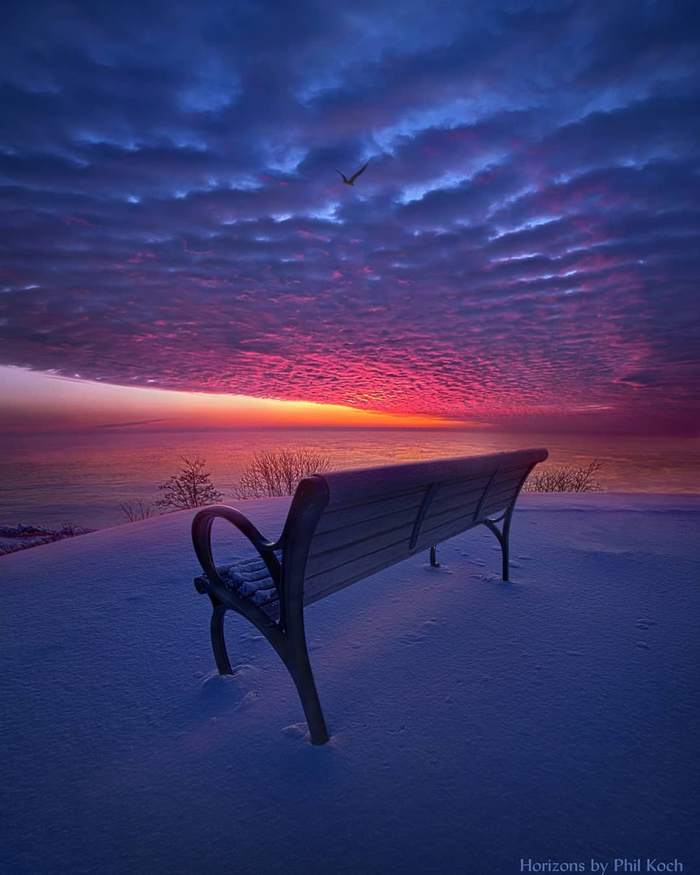 Dawn on the shore of Lake Michigan - Wisconsin, Lake Michigan, Benches, The photo