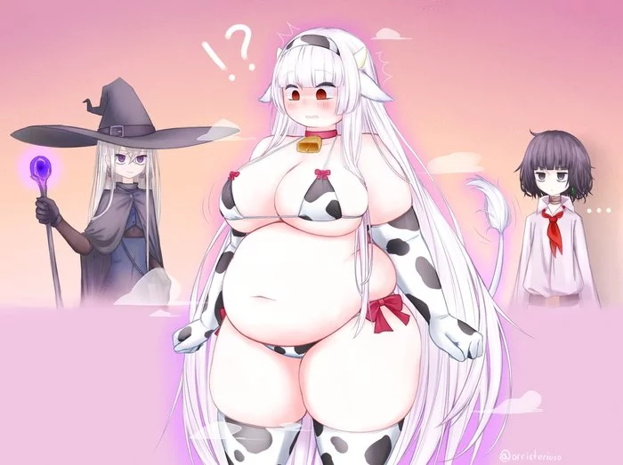 Unusual Curse - NSFW, Anime art, Anime, Bbw, Cowsuit, Fullness, Booty, Girls, Stockings, , Gloves, Animal ears, Longpost