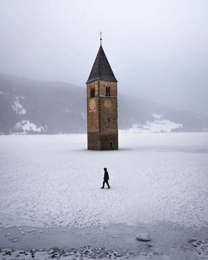Belfry of Curon Venosta, Italy - Italy, Bell tower, Lake, Alps, The photo, sights