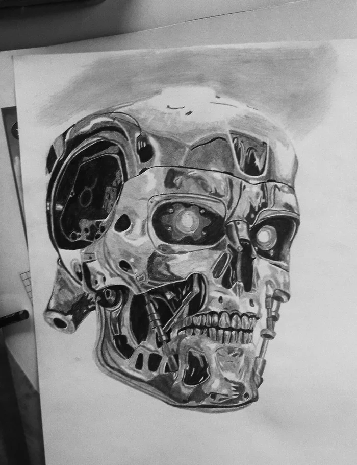 System activated - My, Terminator, Drawing, Pencil drawing, Black and white, Art