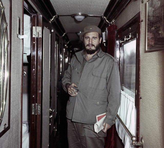 Fidel Castro on a train on the road from Irkutsk to Bratsk, 1963 - Fidel Castro, A train, Old photo, the USSR