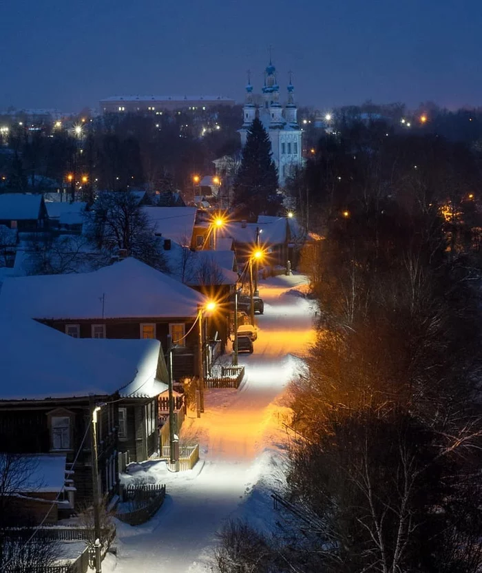 Vologda region, Totma - Totma, Vologodskaya Oblast, Russia, The photo, Winter, Night, Snow, The street, Temple, beauty