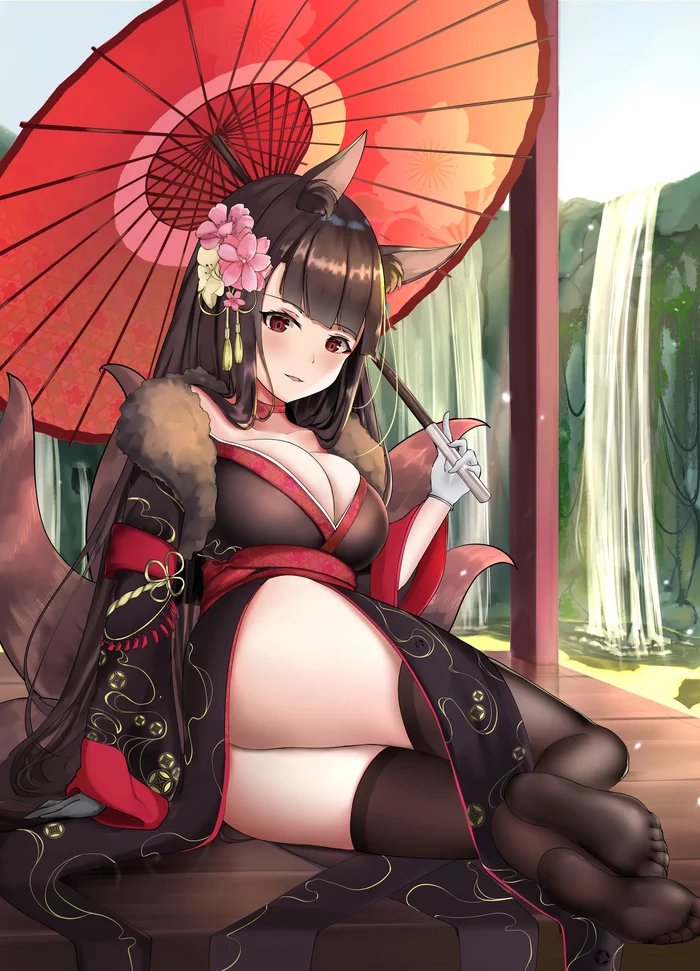 Akagi - Anime, Anime art, Azur lane, Akagi, Breast, Stockings, Animal ears