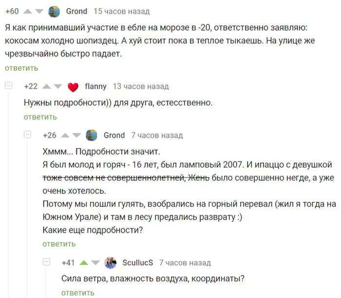 Подробности - Комментарии, Комментарии на Пикабу, Скриншот, Секс, Мат, Холод, Мороз, Истории из жизни, Реальная история из жизни, Юмор, Подробности