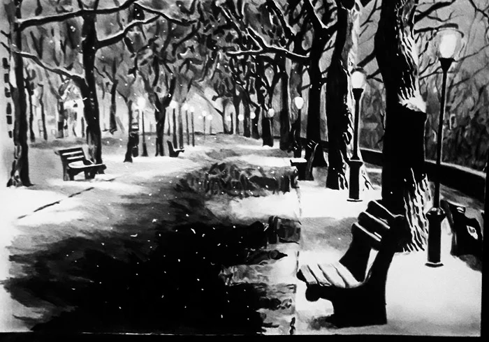 In my humble opinion, there is little that can be more beautiful and soulful than snowfall on a winter night. - My, Drawing, Pencil drawing, Art, Winter, Black and white, Snowfall, The park, Night