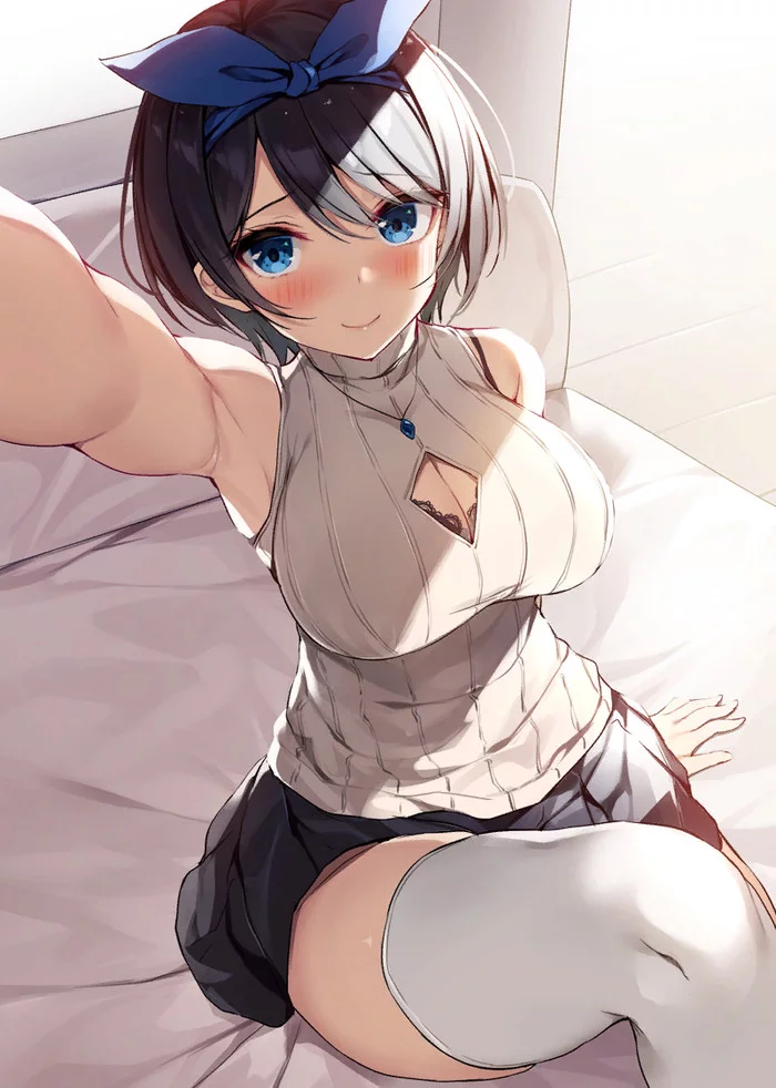 Selfie - Kanojo okarishimasu, Sarashina Ruka, Anime art, Anime, Stockings, Open chest sweater