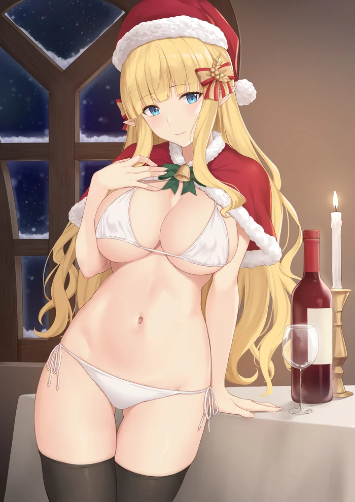 Saren - NSFW, Аниме, Anime Art, Princess Connect! Re:Dive, Saren Sasaki, Купальник, Грудь, Чулки, Santa costume