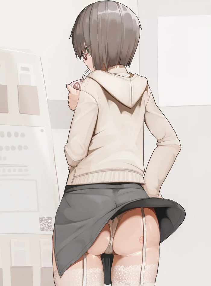 windy today - NSFW, Art, Anime art, Anime original, Girls, Erotic, Hand-drawn erotica, Underwear, Stockings, , Booty, Pantsu, Back view, Upskirt, Genek