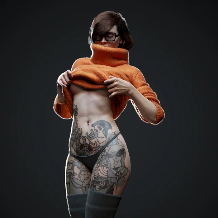 Velma - NSFW, Art, Fan art, 3D, Velma Dinkley, Scooby Doo, Girls, Erotic, Tattoo, Girl with tattoo, Underwear