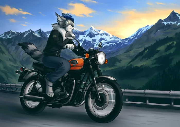 Alpen Roads - Furry, Art, Landscape, Moto, Ango76, The mountains, Furry feline