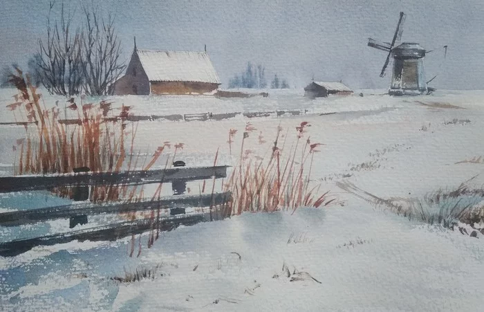 Winter landscape - My, Friday tag is mine, Watercolor, Landscape, Winter