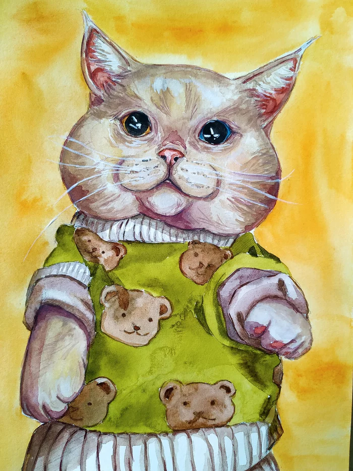 Watercolor kitten in a sweater - My, Watercolor, Drawing, cat, Art, Illustrations, Painting