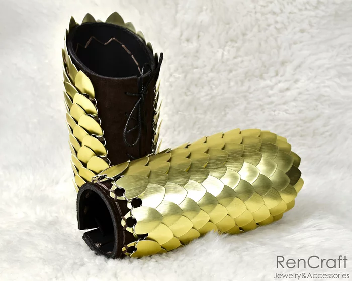 Golden Scale Bracers - My, Longpost, Decoration, Handmade, Chainmaille, Bracer, Chain mail jewelry, Leather products, Needlework without process