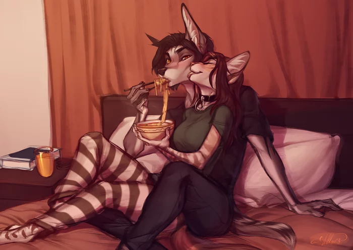 Bon Appetit <3 - Furry, Art, Nelly63, Food, Noodles, Bed, Furry dog, Furry cat, , Romance