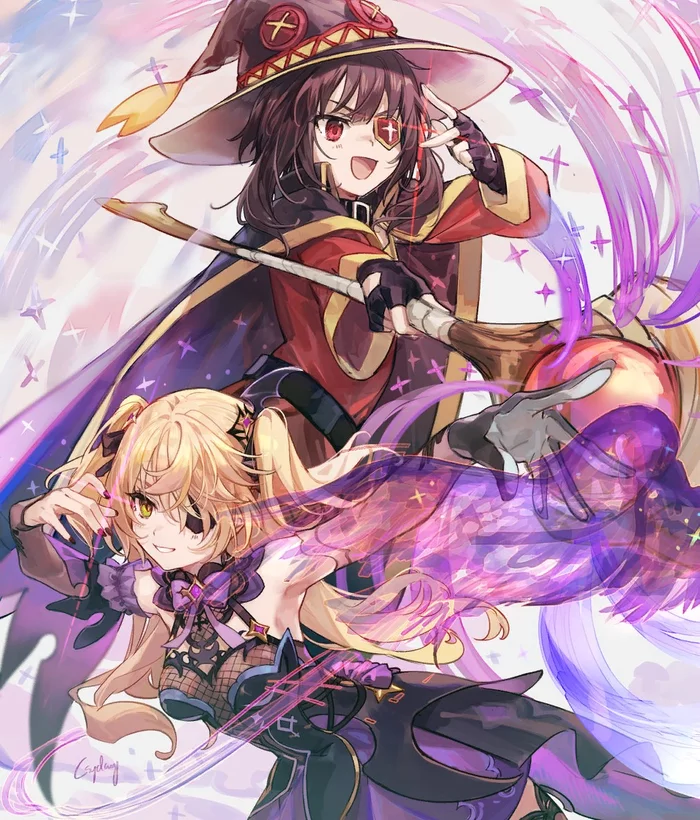 Overloaded exploooooosion!!! - Genshin Impact, Konosuba, Кроссовер, Fischl (Genshin Impact), Megumin, Anime Art, Аниме, Игры