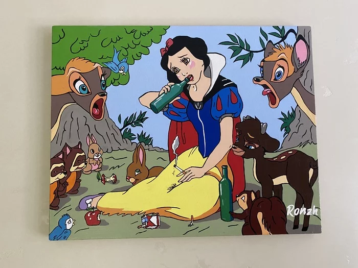Secrets of Snow White in the Forest - My, Painting, Canvas, Humor, Snow White, Bottle, Walt disney company, Banter, Acrylic, Longpost, , Alcohol