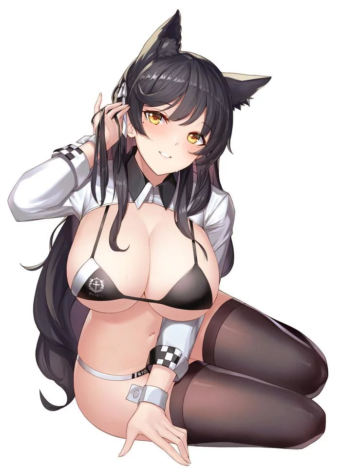 Atago in a swimsuit - NSFW, Anime, Atago, Azur lane, Hand-drawn erotica, Form, Swimsuit, Longpost, Animal ears, Anime art